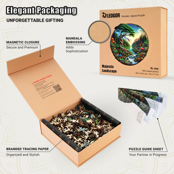 Majestic Landscape box open with wooden pieces, guide sheet, tracing paper, and magnet closure