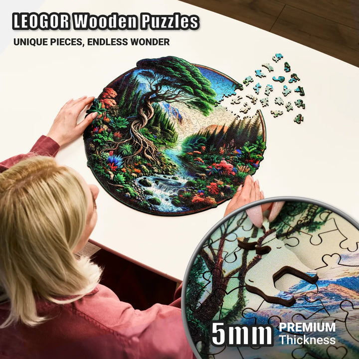 Assembling 500-piece wooden puzzle with 5mm thick wood pieces and scenic nature design details