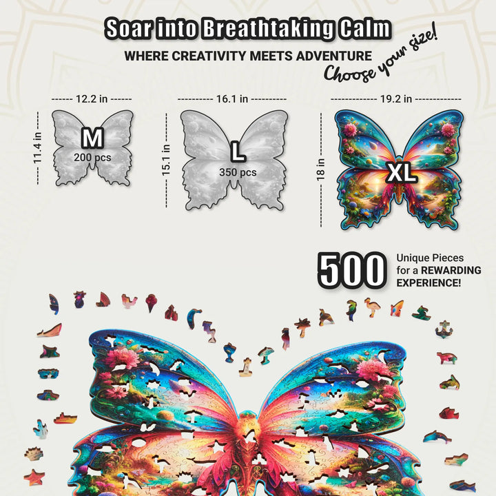 Puzzle chart with 500-pcs XL Butterfly Oasis fully assembled and surrounded by shaped whimsy pieces
