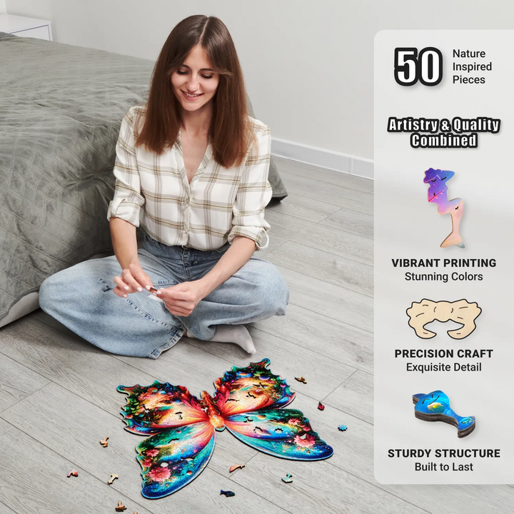 Woman assembling Butterfly puzzle on floor, nature whimsy cuts and vibrant art, mindfulness activity