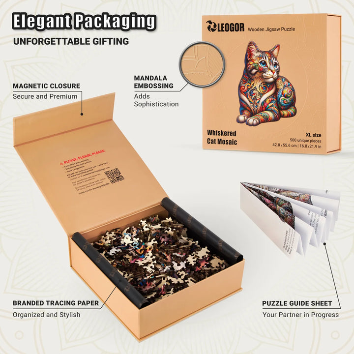 Cat puzzle box with mandala embossing, magnet closure, guide sheet, and tracing paper, gift-ready