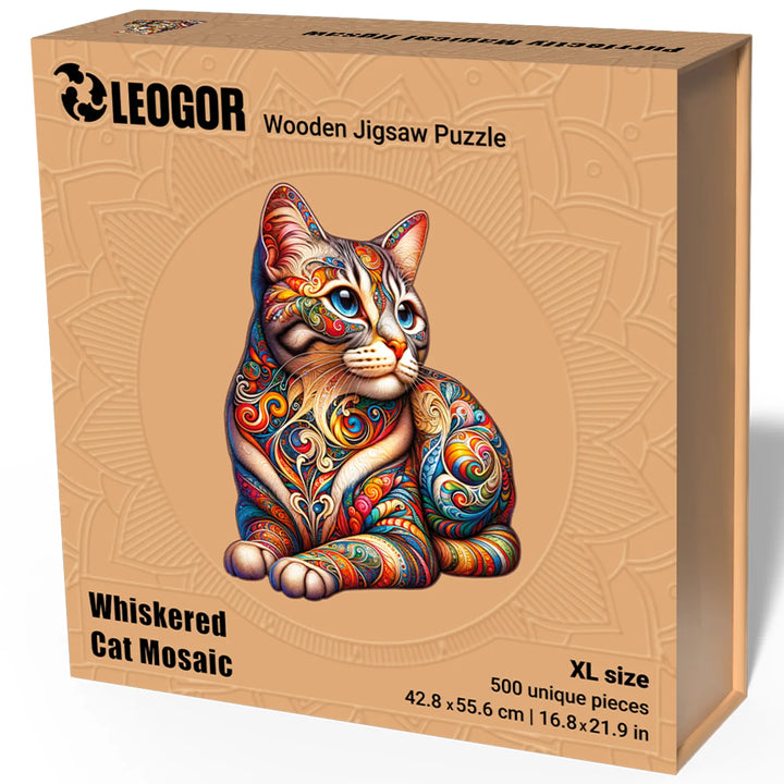 Cat Mosaic puzzle in elegant packaging with vibrant artwork, XL 500-piece decor puzzle by LEOGOR