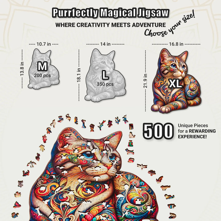Puzzle chart showing XL 500-piece cat puzzle with colorful whimsy pieces and full size reference