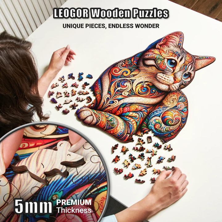 Whiskered Cat puzzle in progress with 5mm wood pieces and vivid mosaic artwork, mindful activity