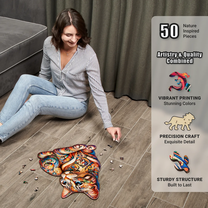 Woman assembling cat puzzle with 50 whimsy nature cuts, vibrant printing, and puzzle challenge
