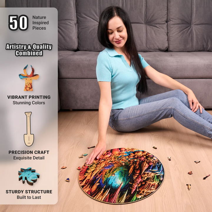 Floor view of XL wooden puzzle in progress, vibrant 3D illusion with precision-cut whimsy shapes