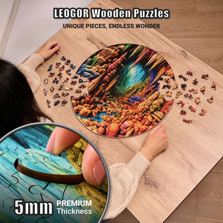 Close-up of thick 5mm wooden puzzle piece from Cavernous Spectrum showing layered artwork detail