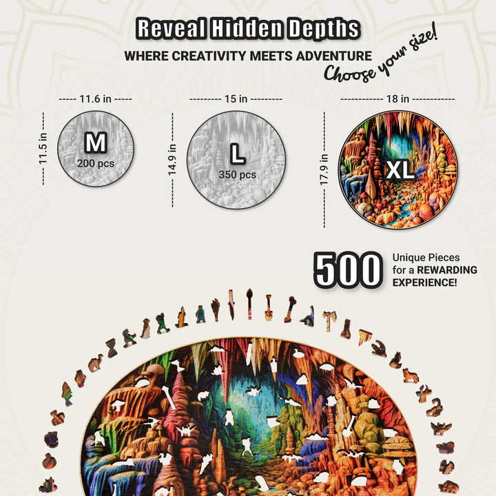 Size chart of 500-piece XL puzzle with full Cavernous Spectrum artwork and wood whimsy pieces