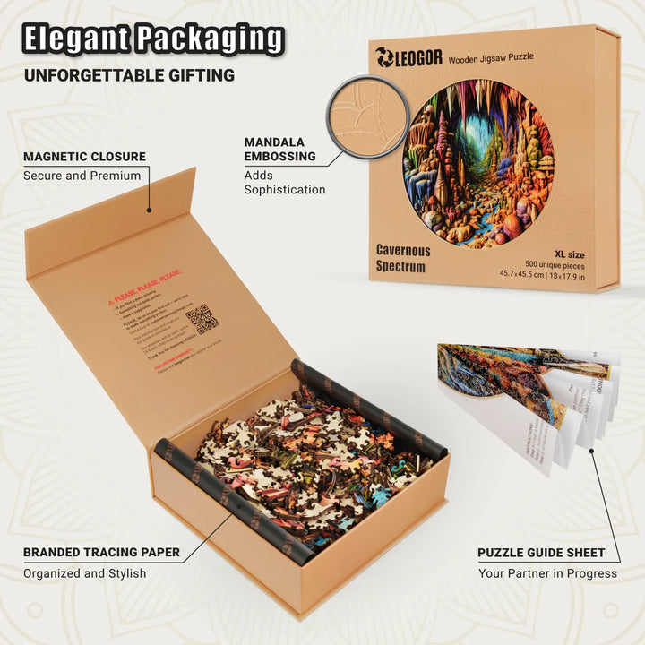 LEOGOR puzzle box open with tracing paper, guide sheet, and magnetic lid for 500-piece wooden puzzle