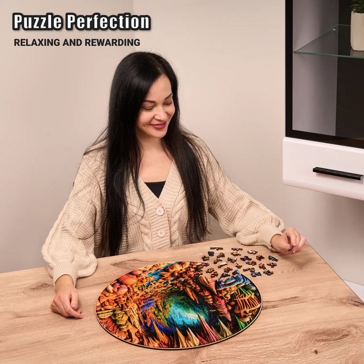 Woman assembling XL Cavernous Spectrum wood puzzle with swirling colors and unique-shaped pieces