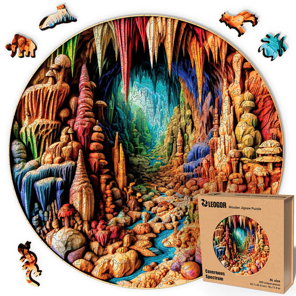 500-piece wooden puzzle with 3D illusion cave design, vibrant colors, and XL whimsical wood cuts