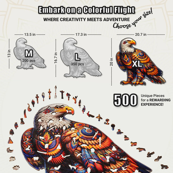 Puzzle size chart showing XL 500-piece Eagle Odyssey puzzle fully assembled with whimsy shapes