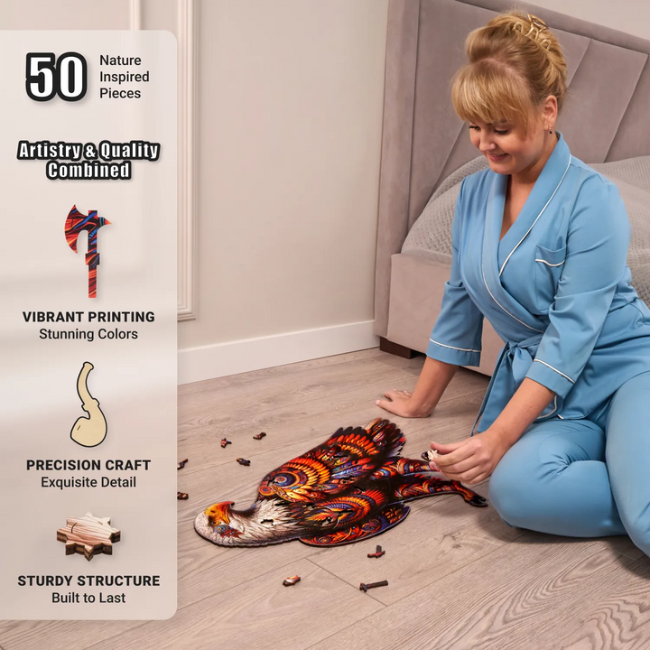 Woman assembling eagle puzzle on floor, showcasing premium build and bold color craftsmanship