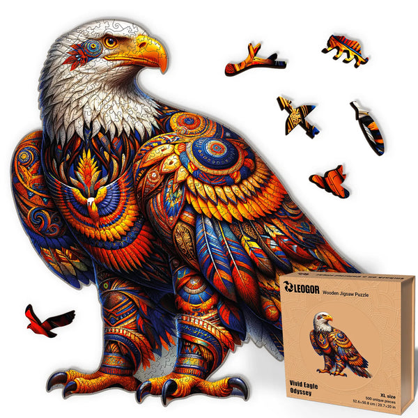 Vivid Eagle Odyssey 500-piece puzzle with bold feathers and whimsy cuts, perfect for adult puzzlers