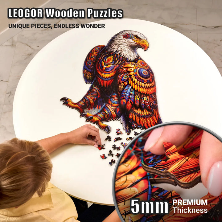 Close-up of 5mm wooden pieces from Eagle Odyssey puzzle, featuring vibrant colors and sharp detail