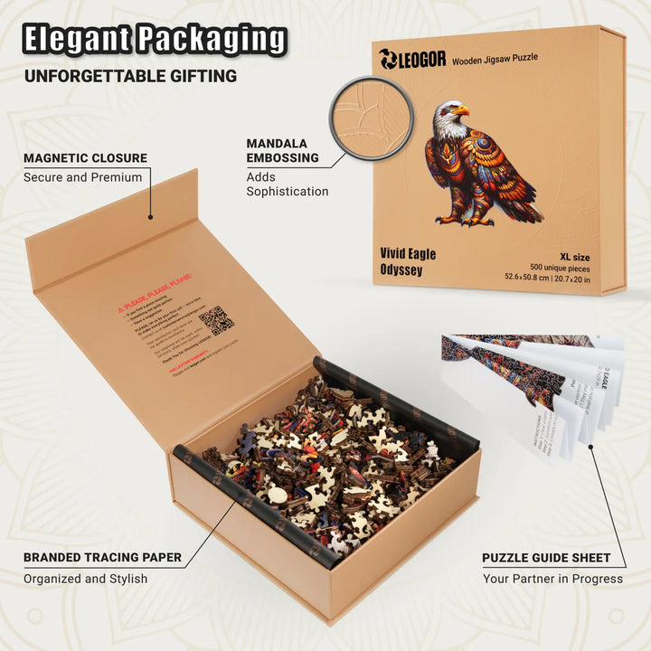 Eagle Odyssey puzzle box with tracing paper, magnetic lid, and guide sheet, ideal for gifting