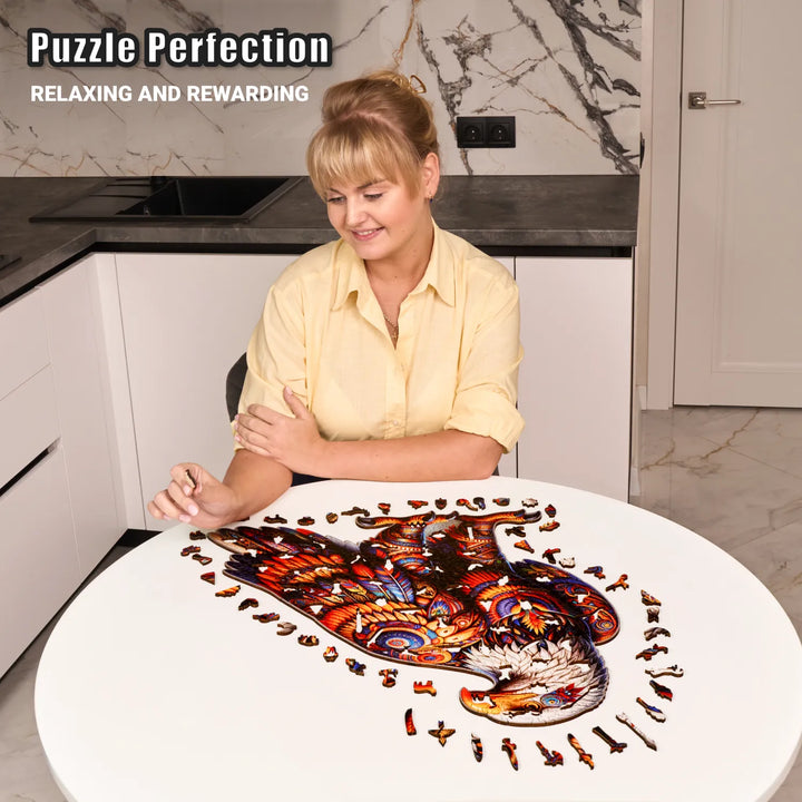 Woman assembling eagle puzzle on table, 500 vibrant pieces with detailed shapes and relaxing art