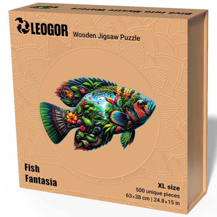 LEOGOR Fish Fantasia box with fish-shaped puzzle design, 500 pieces, magnet closure, gift-worthy