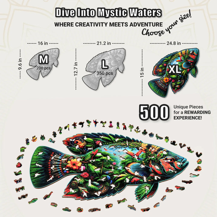 500-piece fish-shaped puzzle with rainforest art and animal whimsy pieces shown in size chart view