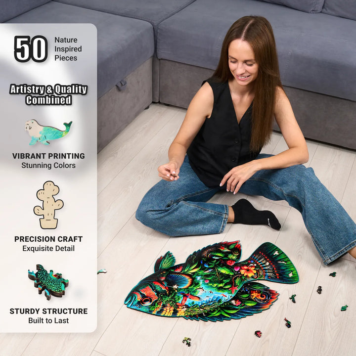 Woman working on Fish Fantasia puzzle with bright nature cuts and colorful tropical imagery, mindful