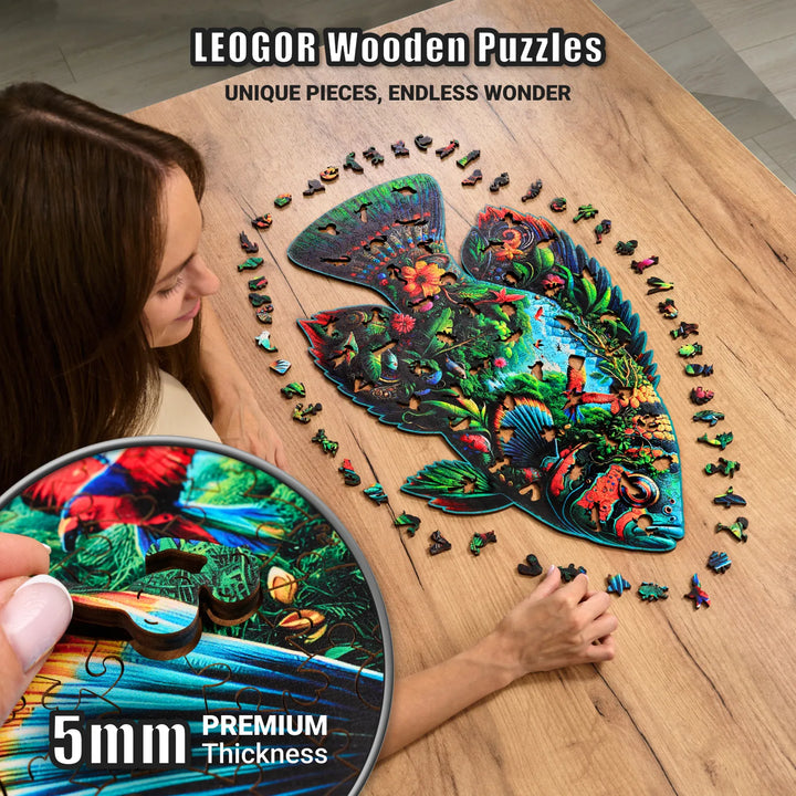 Fish Fantasia being assembled with 5mm wooden pieces, lush rainforest scene, and fun challenge