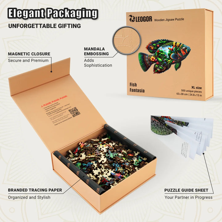 Fish Fantasia puzzle box with tracing paper, guide sheet, magnet closure, and embossed detail