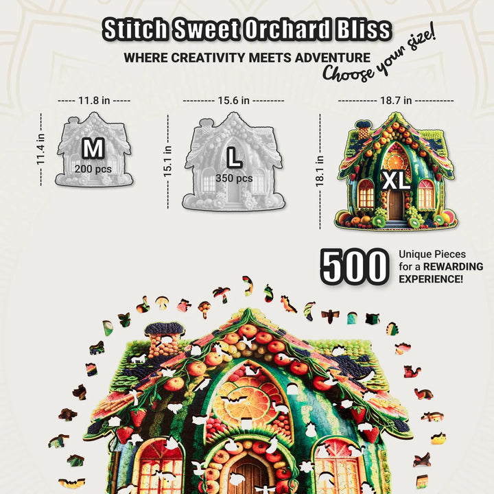 XL size chart showing fruit cottage wood puzzle with unique-shaped pieces in a fruity color burst