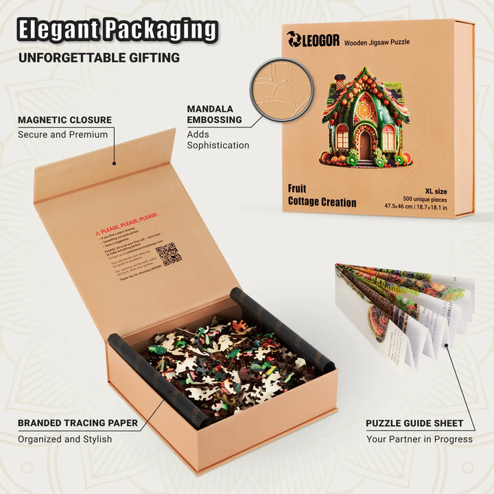 Fruit-themed wooden puzzle box open, with guide sheet, tracing paper, and premium magnetic lid