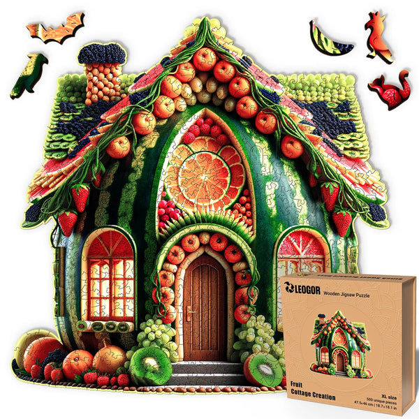 500-piece wooden puzzle shaped like a fruit house, with colorful wood whimsy pieces and XL size