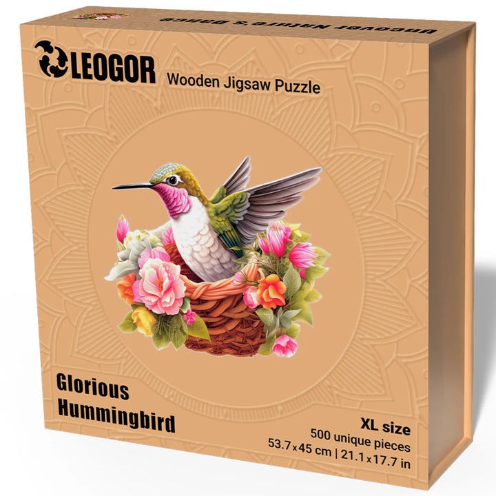 LEOGOR Glorious Hummingbird box with shaped puzzle design, 500 pieces, magnetic closure, gift-worthy