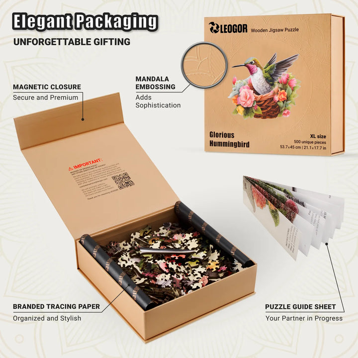 Glorious Hummingbird puzzle box with guide sheet, magnetic closure, and embossed design