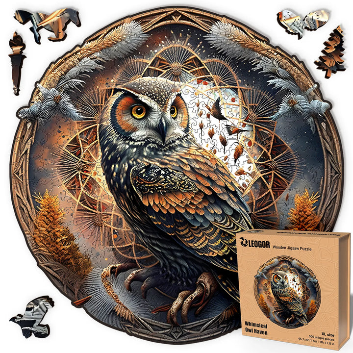 Completed 500 piece wooden owl puzzle with animal-shaped pieces, circular layout, and box included