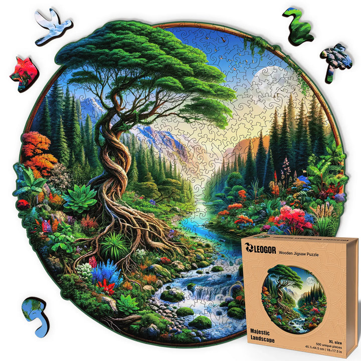 Majestic Landscape 500-piece XL wooden puzzle, round shape with vivid nature and whimsy wood pieces