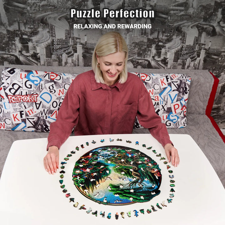 Woman assembling wooden Majestic Landscape puzzle, colorful forest artwork and relaxing wood cuts