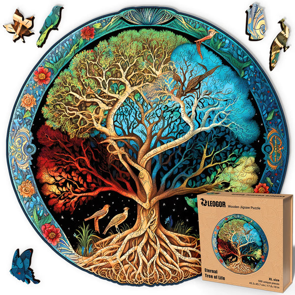 Eternal Tree of Life 500-piece round wooden puzzle with animal-shaped pieces for adults, gift idea