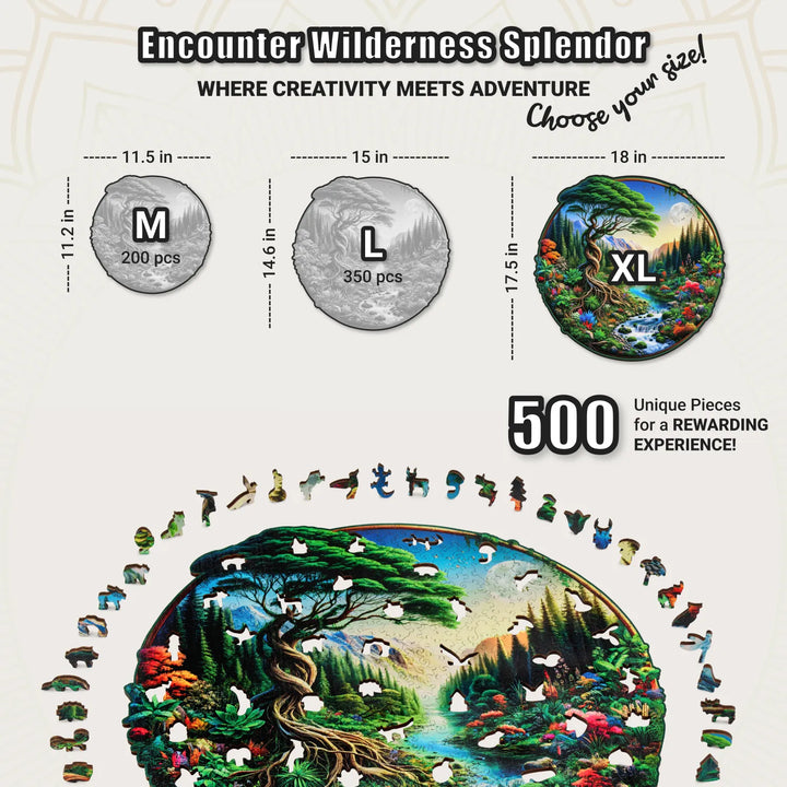 500-piece wooden puzzle with forest art and wood-cut shapes, shown in XL size chart comparison