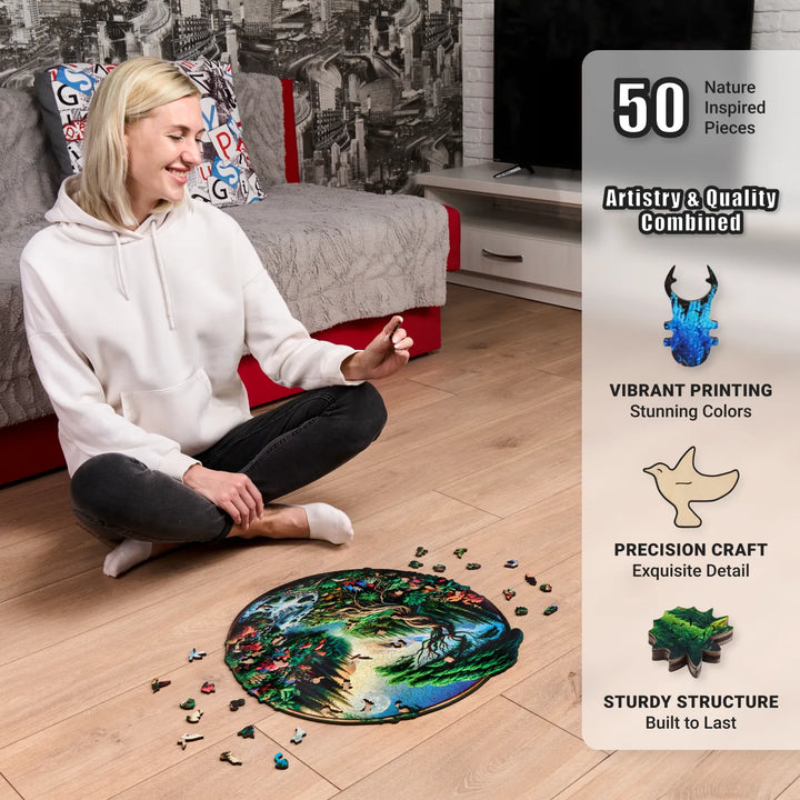 Woman working on XL wooden puzzle with wood whimsy shapes and bright mountain landscape scene