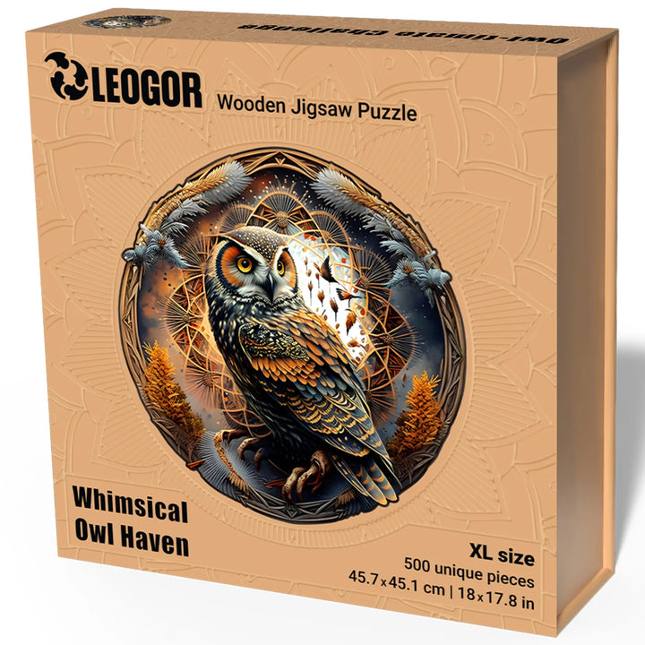 Wooden owl jigsaw puzzle in XL size with elegant gift box, detailed mandala design, and vivid colors