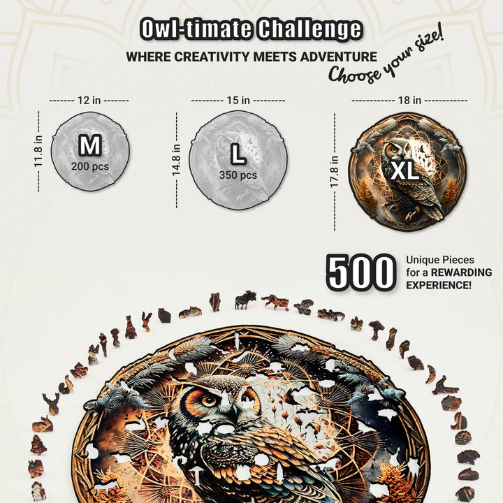 Three puzzle sizes displayed with round owl design, including 500 shaped pieces in XL wood version