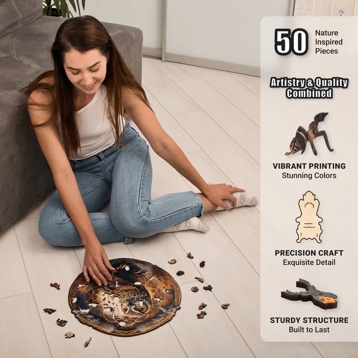 Adult enjoying 500 piece wooden owl puzzle featuring 50 nature-themed animal-shaped wooden pieces