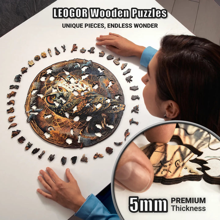 Close-up of thick 5mm wooden puzzle piece with owl design, showing texture and assembly in progress