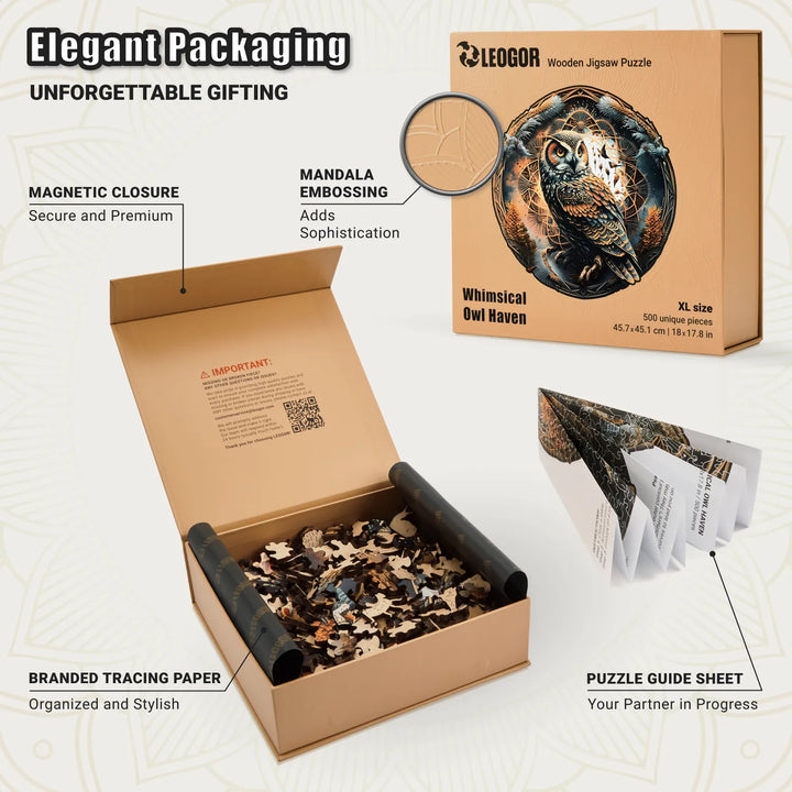 Premium puzzle packaging with magnetic closure, mandala embossing, and owl puzzle accessories shown