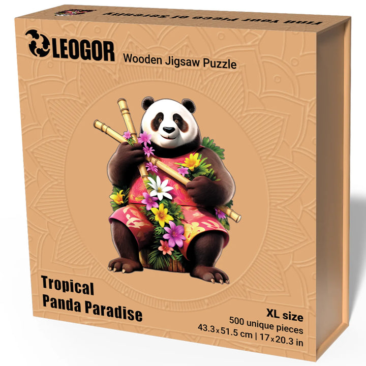 LEOGOR Panda Paradise wooden puzzle box, 500 unique wood pieces and fun bamboo theme