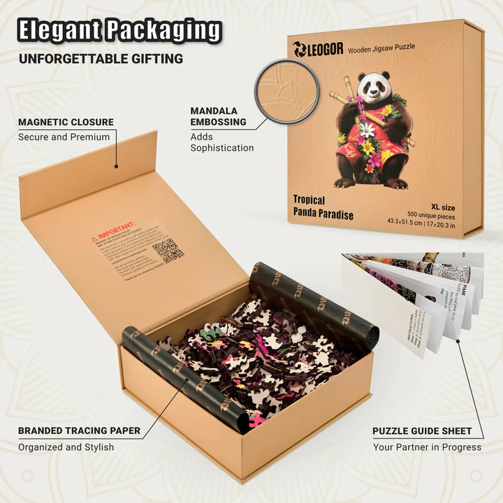 Box open with wooden puzzle pieces, guide sheet, tracing paper, and magnet closure for gifting