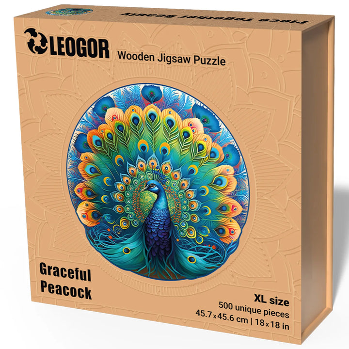 Graceful Peacock puzzle box with 500 pieces, embossed packaging, 18x18 in size, elegant decor