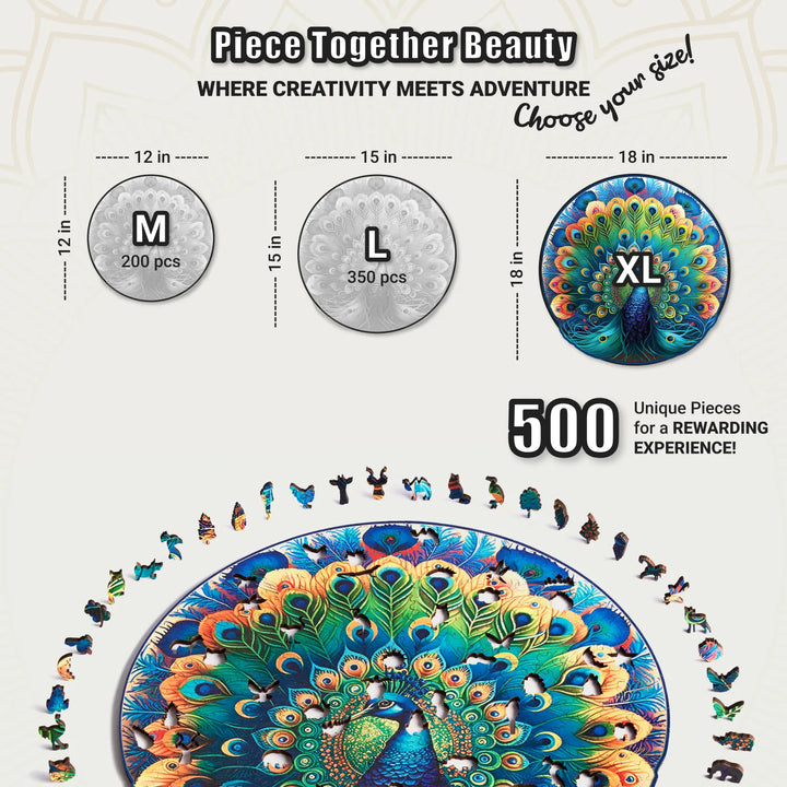 Graceful Peacock 500-piece XL round puzzle, 18 in wide with whimsy cuts, great brain teaser