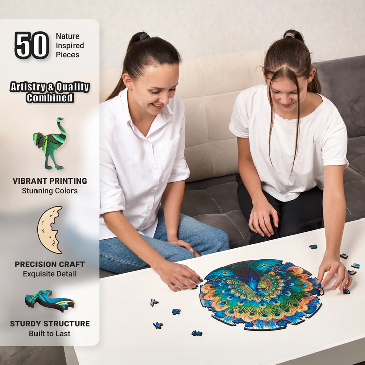 Two women assembling Graceful Peacock puzzle, nature-shaped pieces and vivid artwork, mindful