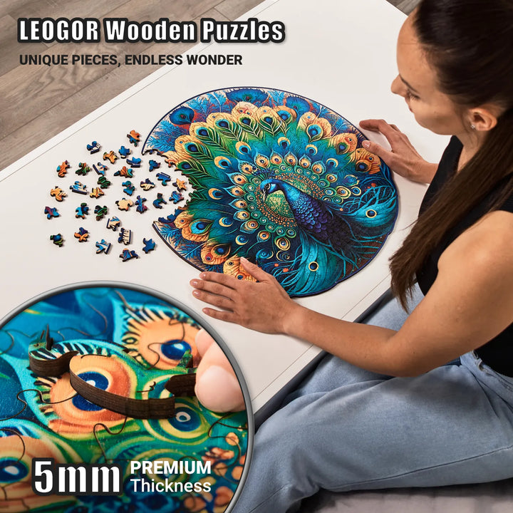 Graceful Peacock puzzle in progress with 5mm thick premium wood pieces, precise animal shapes