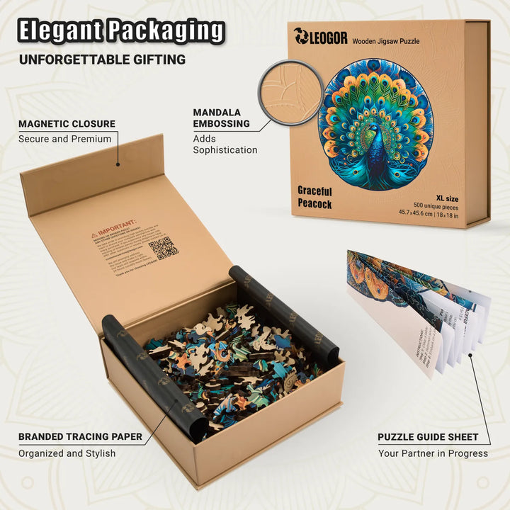 Graceful Peacock puzzle box with magnet closure, tracing paper, guide sheet, and embossed finish