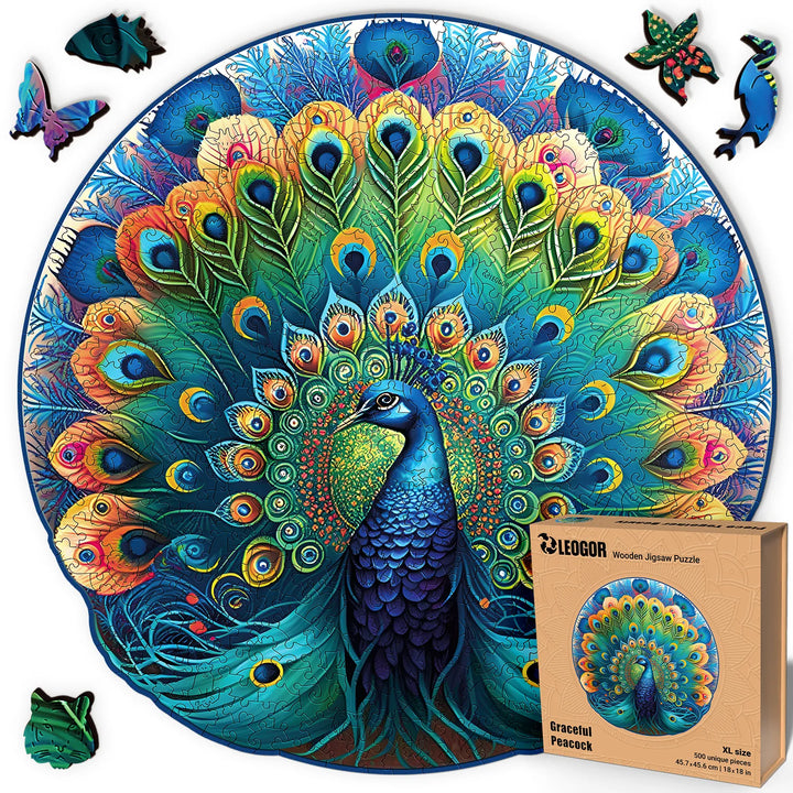 Graceful Peacock 500-piece round puzzle with animal shapes, 5mm wood pieces, great gift idea